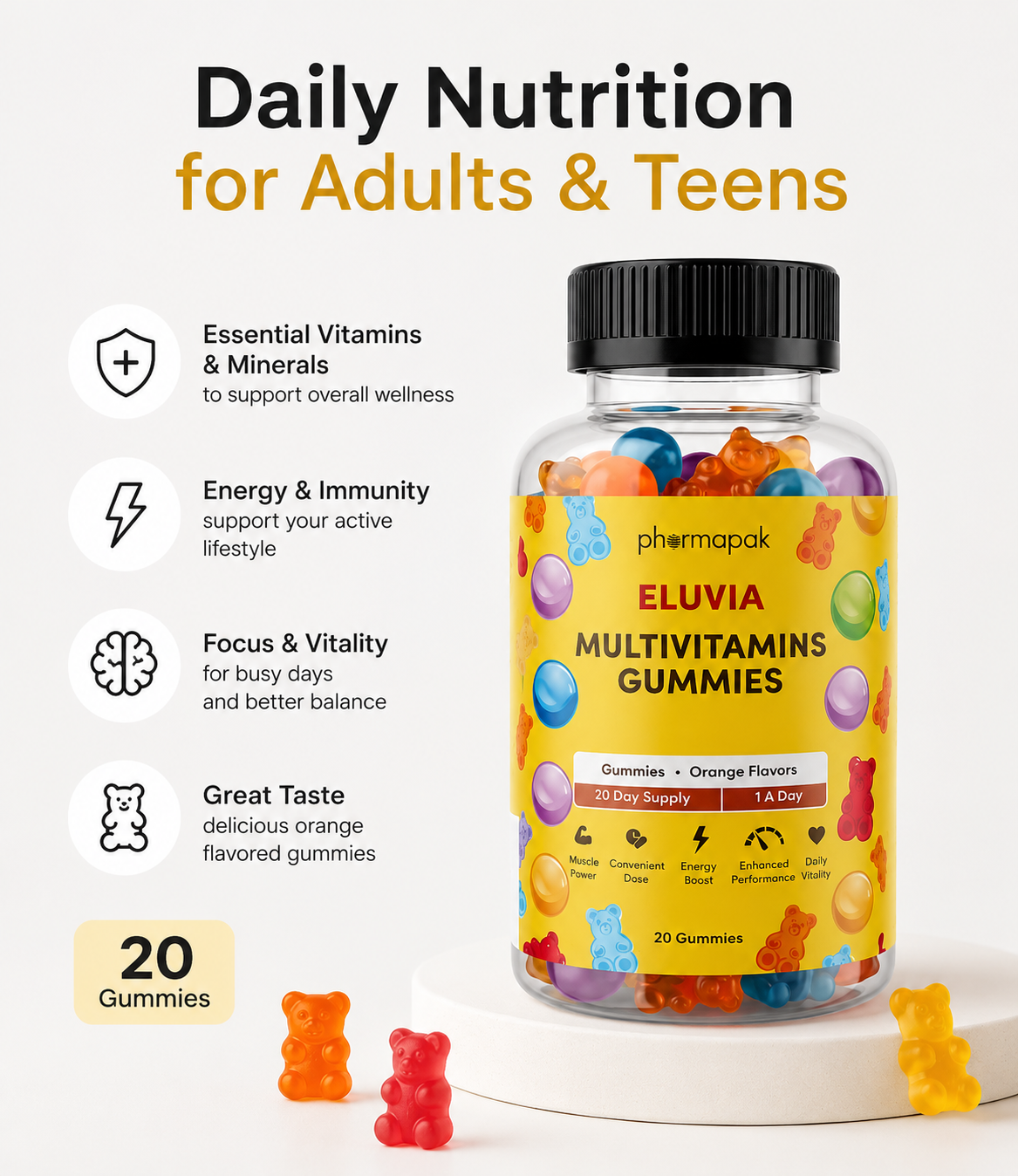 Eluvia Multivitamin Gummies | Daily Vitamins & Minerals for Teens & Adults | Orange Flavor | 20 Gummies | Skin Alliance
