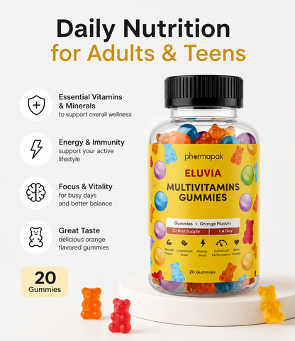 Eluvia Multivitamin Gummies | Daily Vitamins & Minerals for Teens & Adults | Orange Flavor | 20 Gummies | Skin Alliance