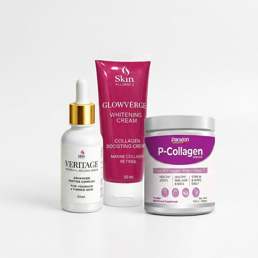 Collection of skincare and supplement products on a white background