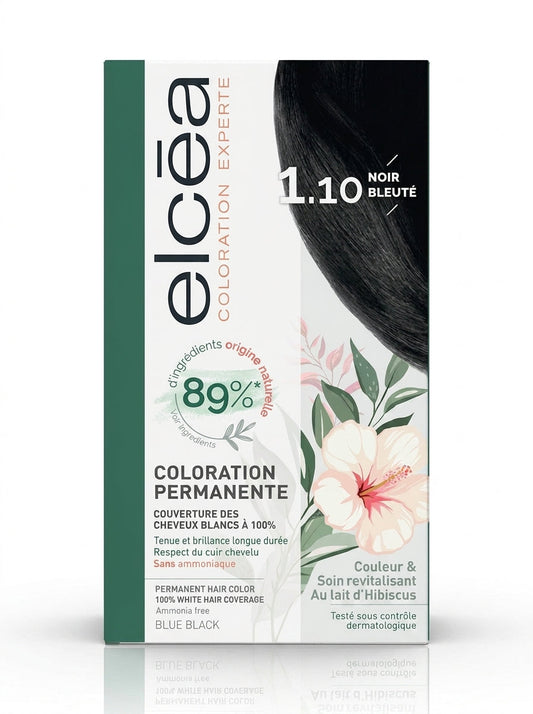 Elcea hair color packaging with black blue hair sample and floral design on a white background